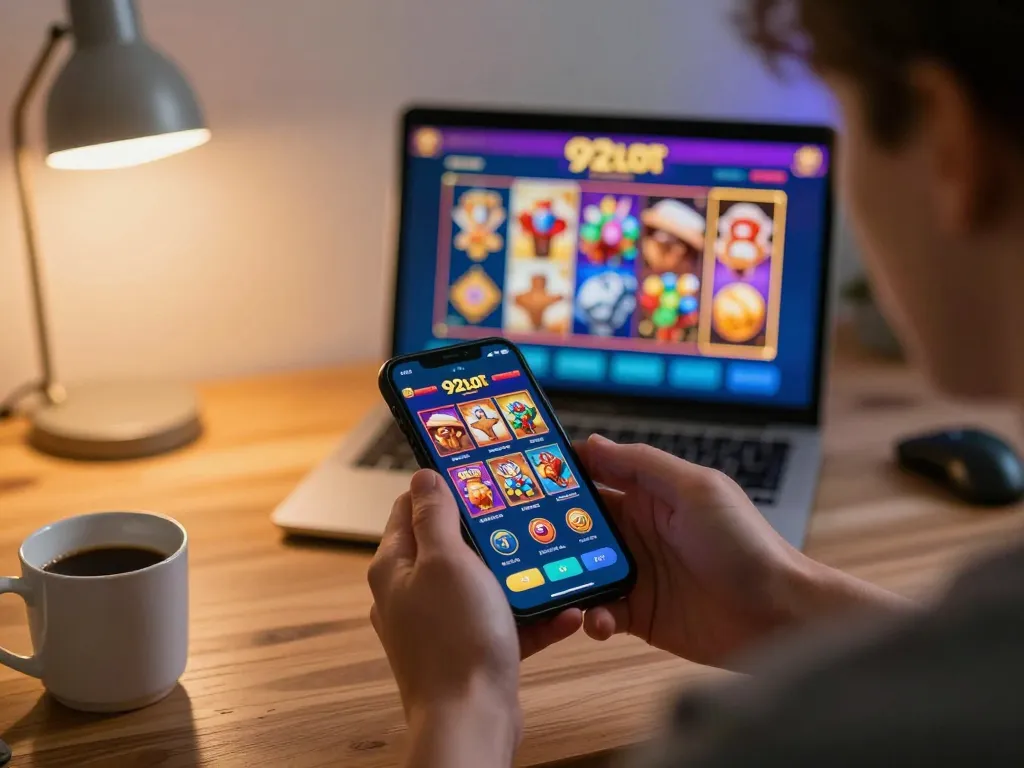 Engaging with the 92slot app for online gambling directly from home, showcasing vibrant gameplay interaction.