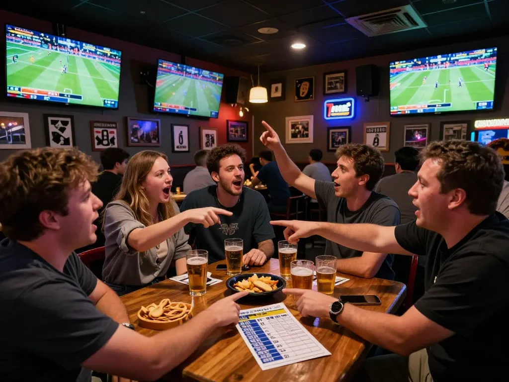 Patrons engaging in kèo nhà cái sports betting, analyzing live odds and placing bets at a vibrant sports bar.