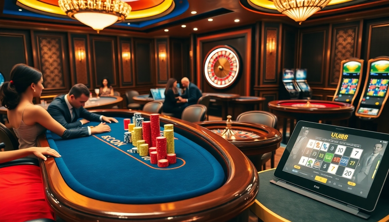 Exciting gameplay scene at UU88 casino showcasing poker, slots, and roulette tables.