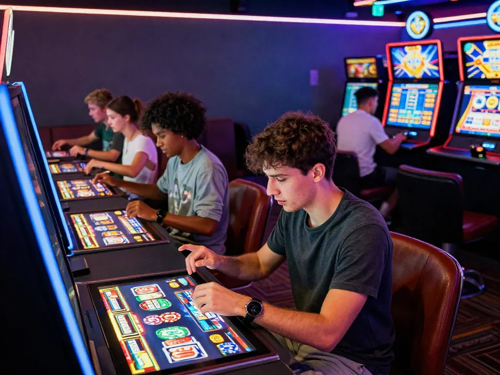Engaged players enjoying DA88 online gaming experience with dynamic slot machines and vibrant neon lights in background