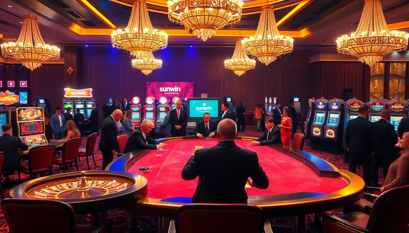 Experience thrilling gameplay at Sunwin Casino with poker tables and bright slot machines.