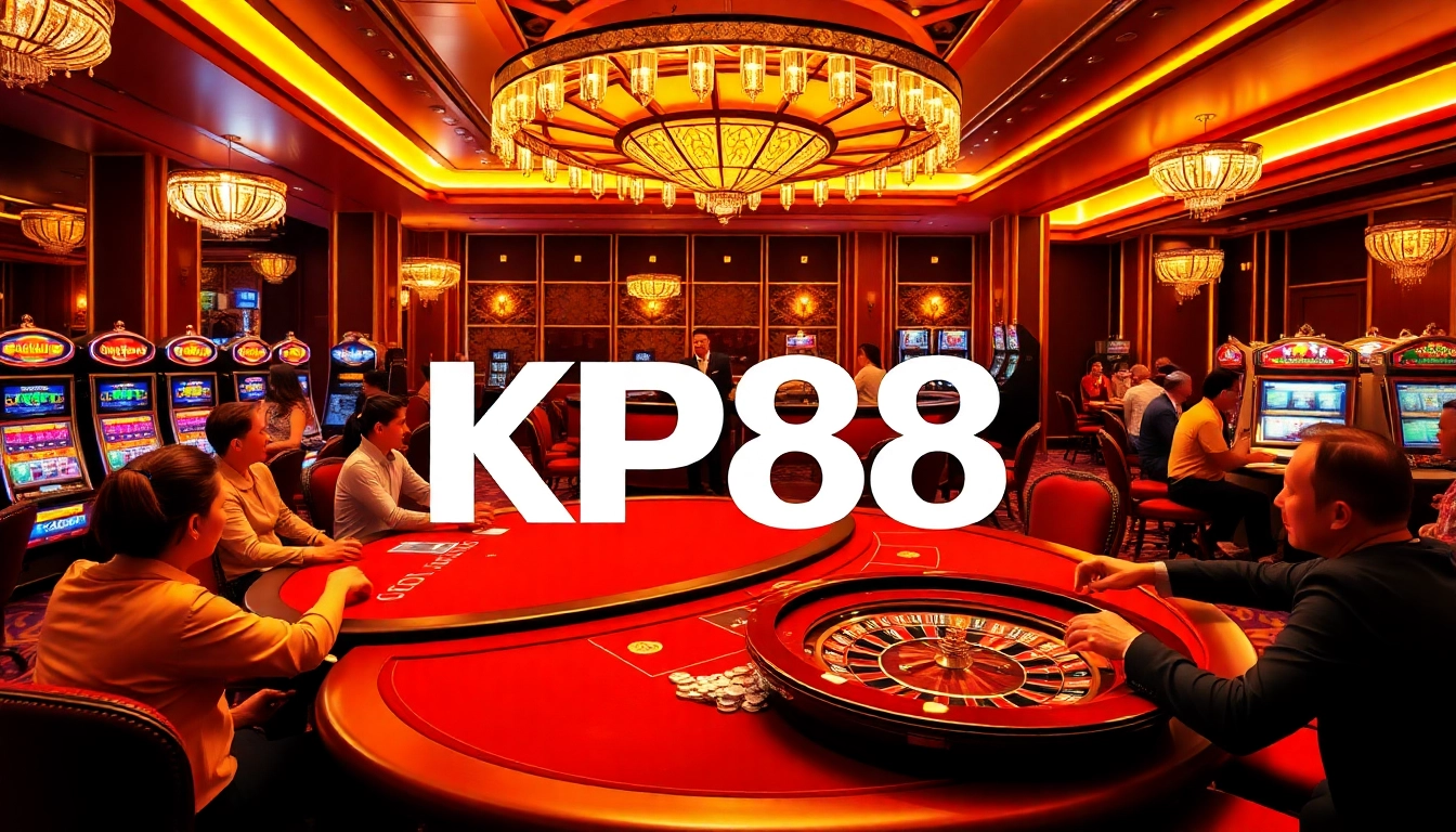 Experience the excitement of KP88 with lively players at a poker table in a luxurious casino setting.