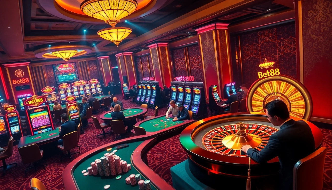 Experience the excitement of Bet88 with vibrant poker tables and luxury gaming elements.