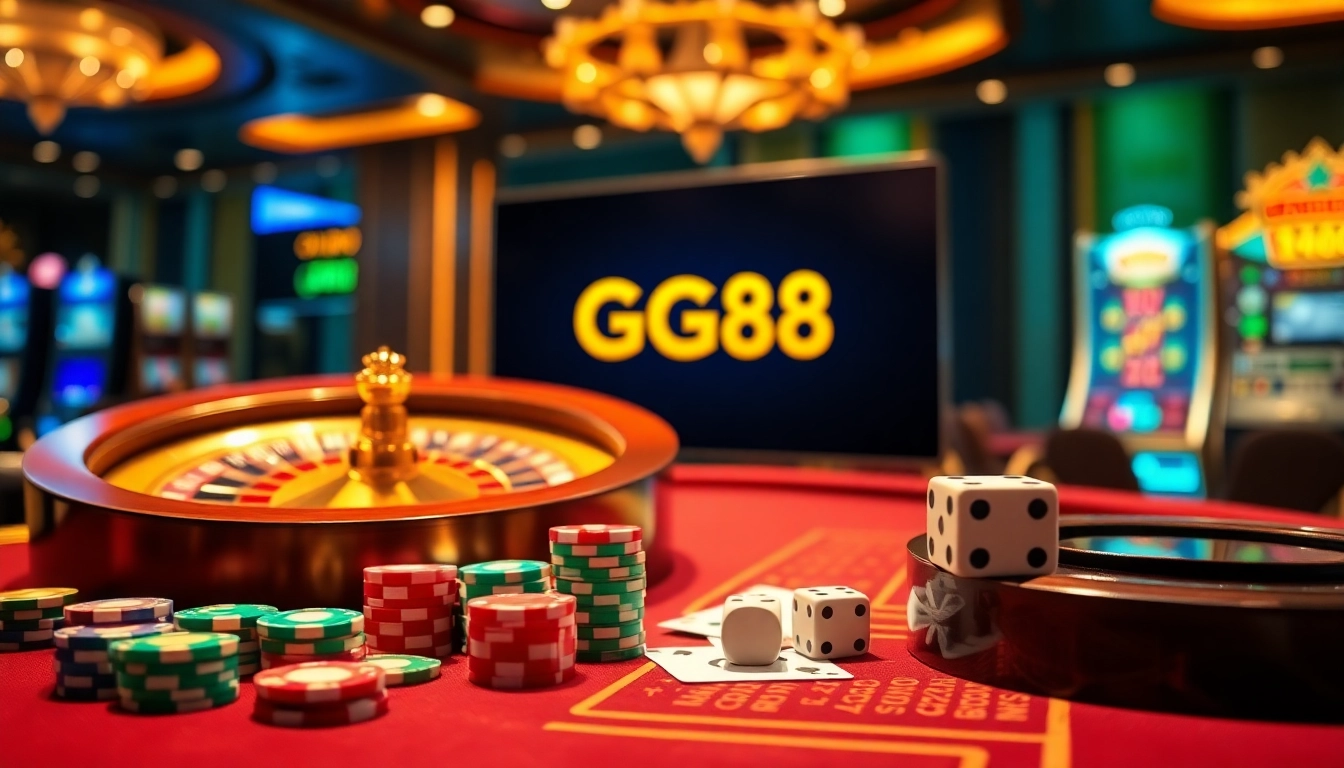 Engaging casino scene showcasing GG88 link interface with vibrant poker chips and roulette wheel.