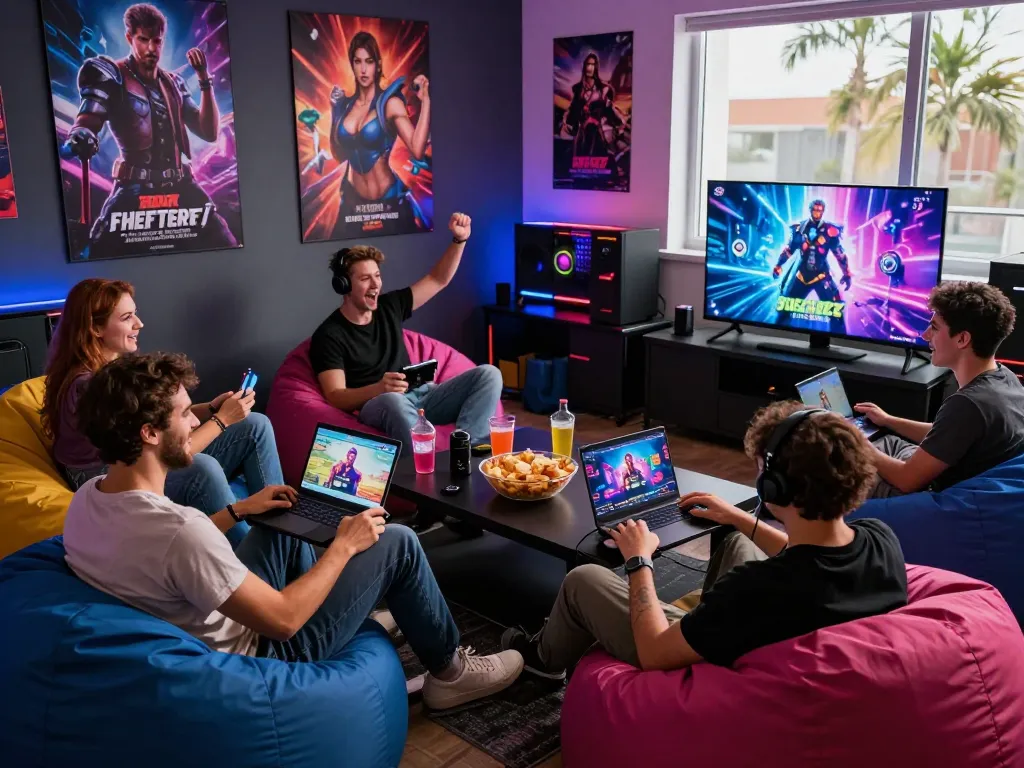 Friends enjoying popular porn games in a lively gaming den atmosphere