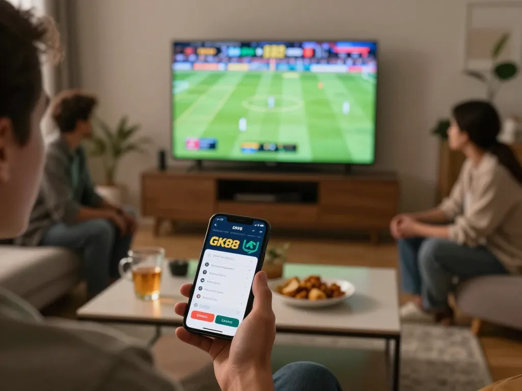 Sports betting action with GK88 app on smartphone creating excitement during the game.