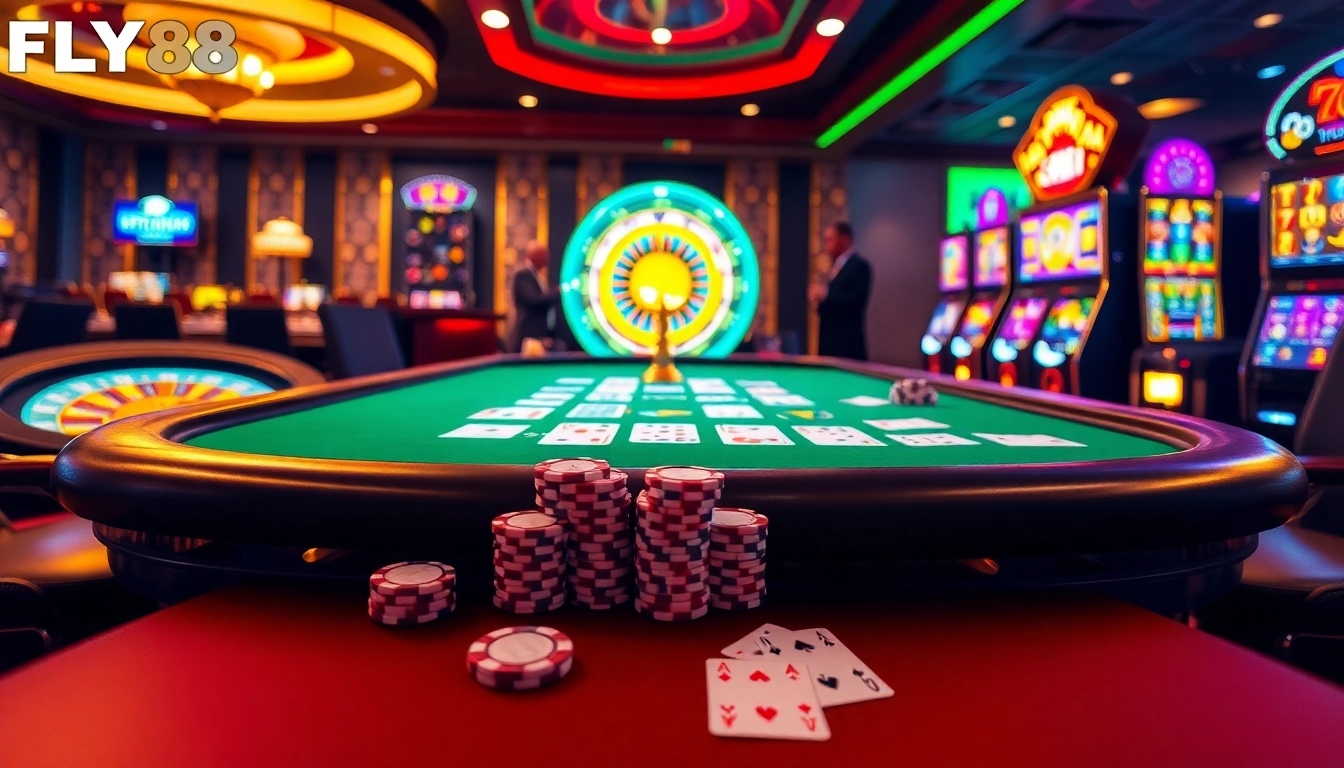 Engaging players at FLY88's vibrant poker table with luxurious chips and cards.