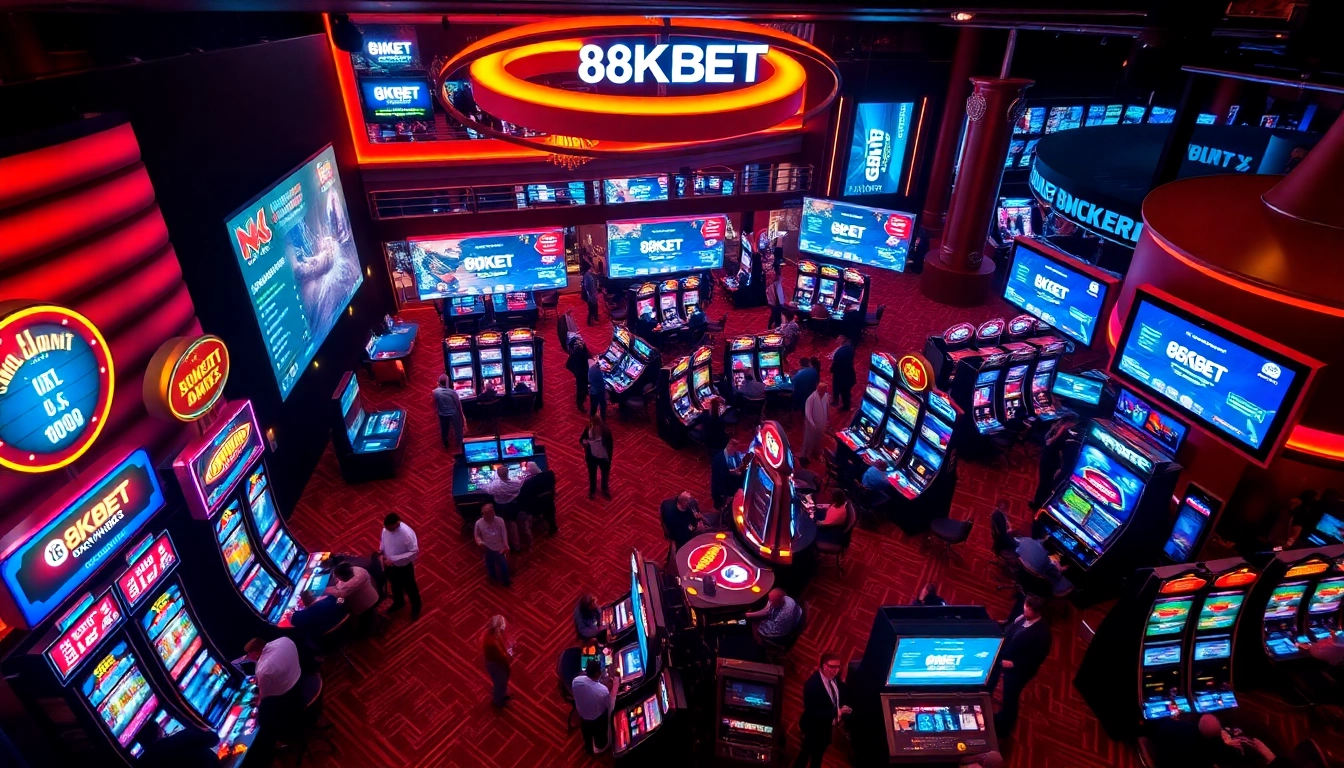 Exciting casino atmosphere with 8KBET branding, showcasing vibrant gaming activities.