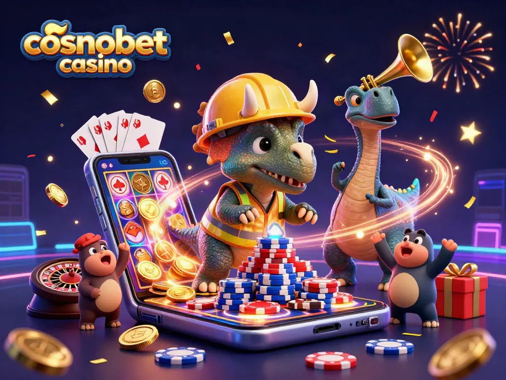 Cheerful scene featuring cosmobet casino characters celebrating with poker chips and slots.