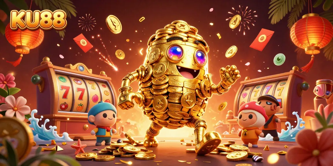 Engage with exciting KU88 online slots featuring a golden golem and vibrant gaming elements.