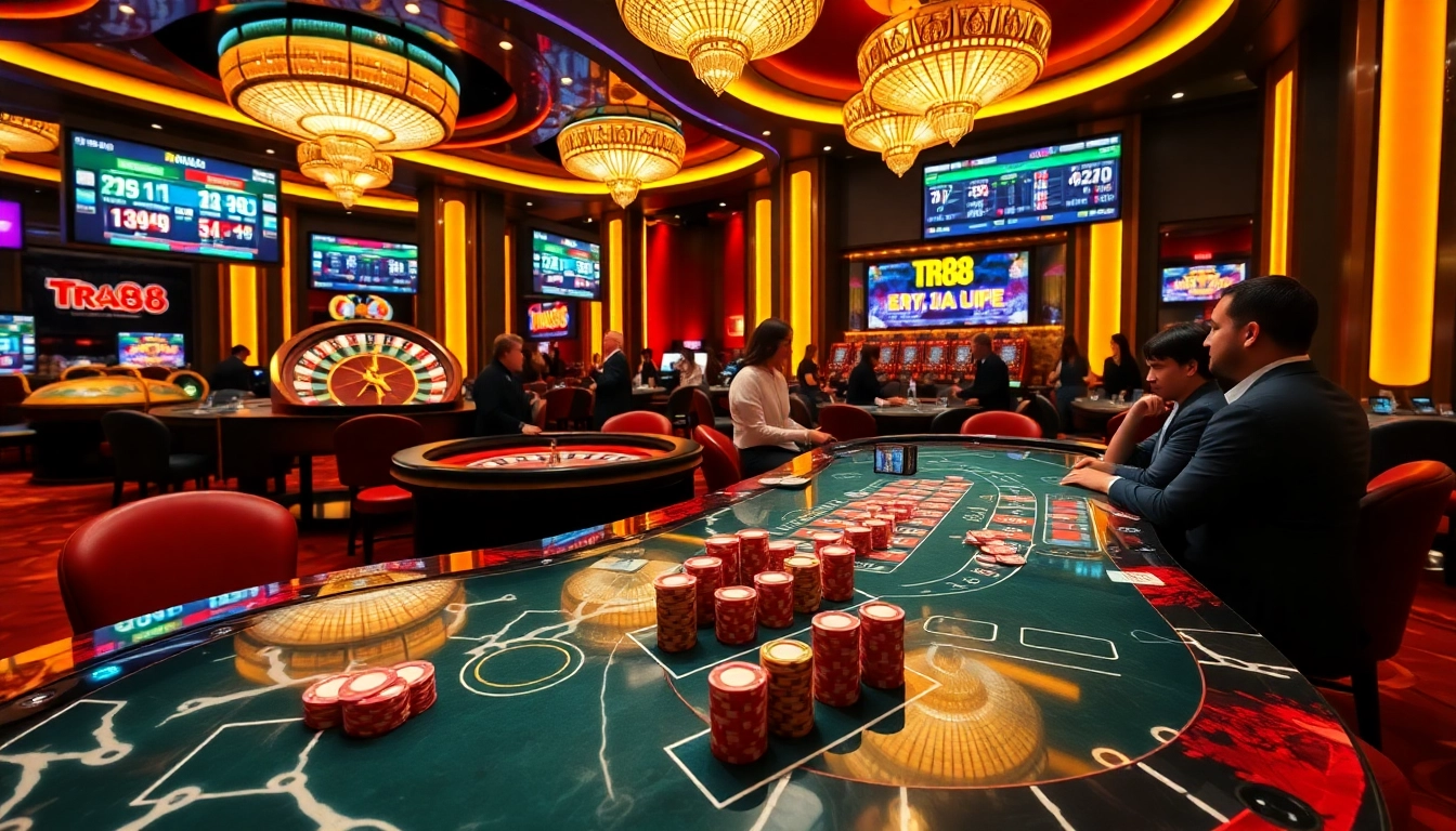 Players strategizing at a luxurious poker table with TR88 betting odds displayed on screens.