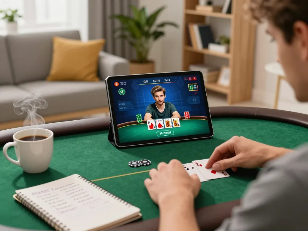 Engaging in online poker at home using Jun88's tablet interface, highlighting strategic gameplay.