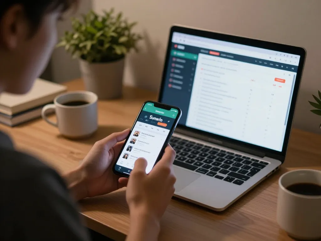 Engaging player using smartphone to tải Sunwin app for online gaming experience at home