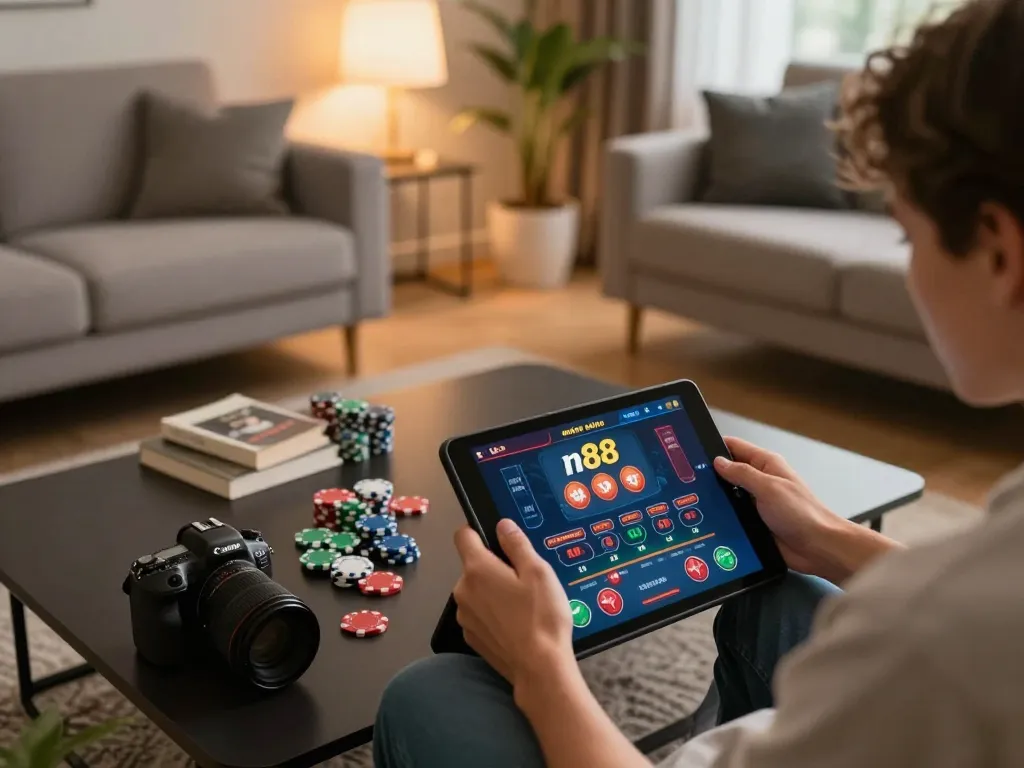 Engaging home gaming scene with n88 casino app displayed on tablet and poker chips on table.