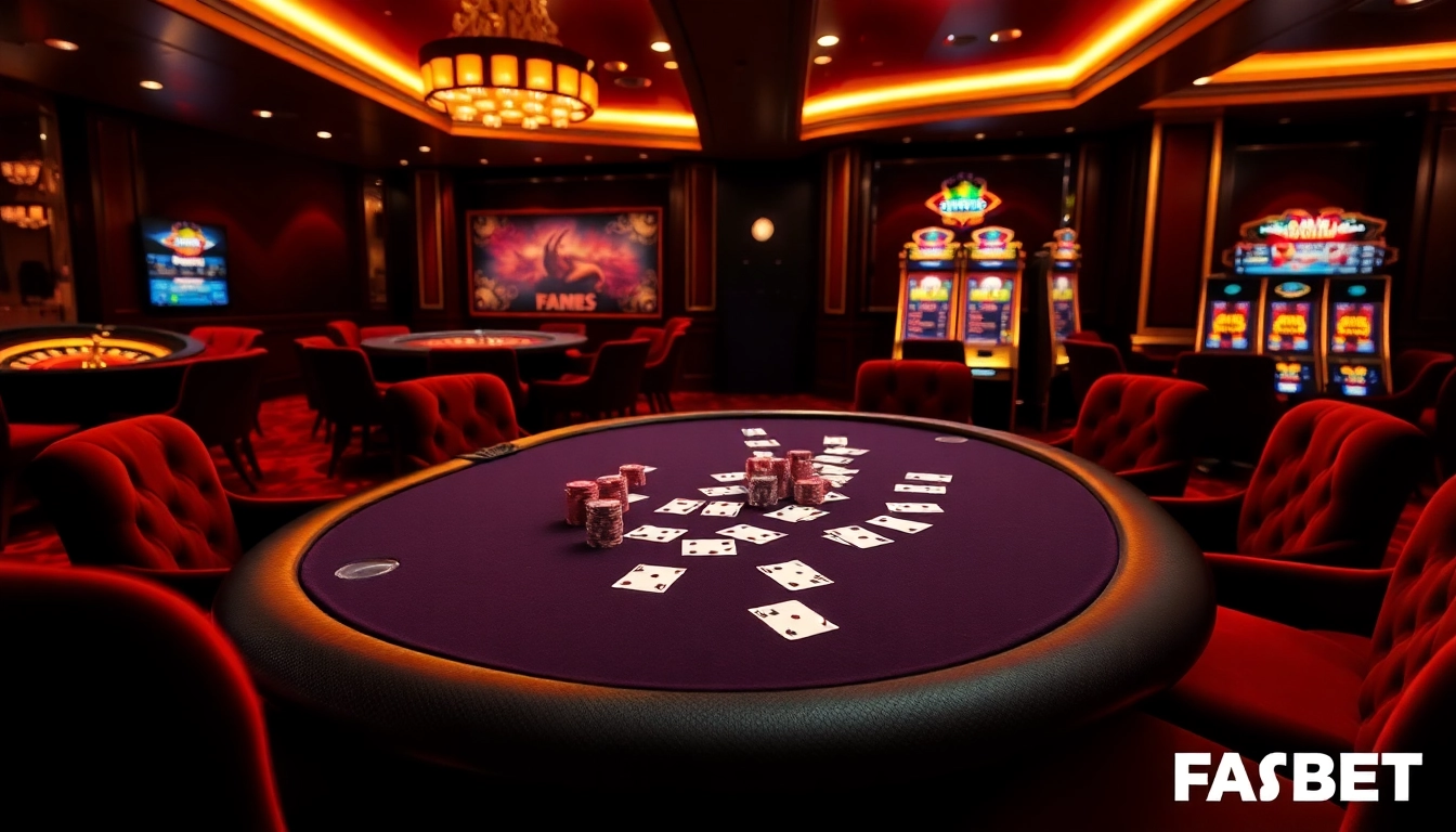 Experience the thrilling atmosphere of FABET with professional poker tables and vibrant slot machines.