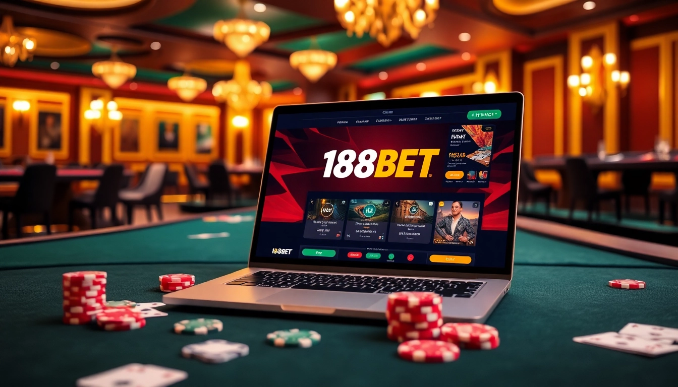 188BET online gambling interface set in a luxurious casino environment with vibrant tables and cards.