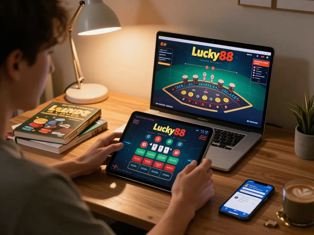 Engaging in live dealer blackjack at https://lucky88.sbs/ on a tablet for strategic online gaming.