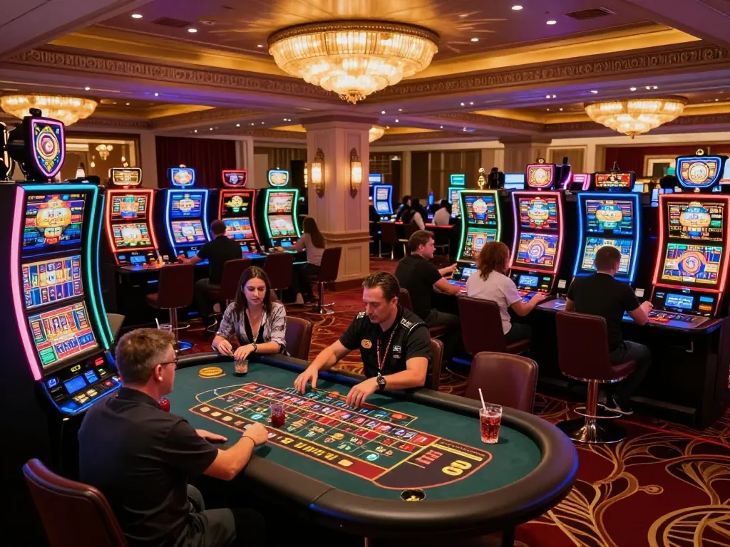 uu8855 casino floor filled with vibrant activities, players engaged around roulette tables and colorful slot machines