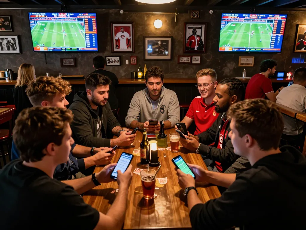 Friends engaging in sports betting with Tylekeo on smartphones at a lively bar, surrounded by screens.