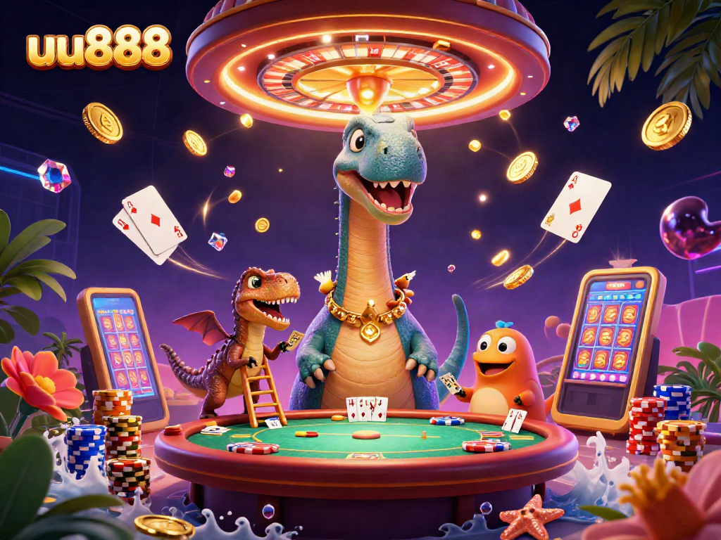 Experience thrilling moments at uu888 with a giant brontosaurus dealing cards in a vibrant casino scene.