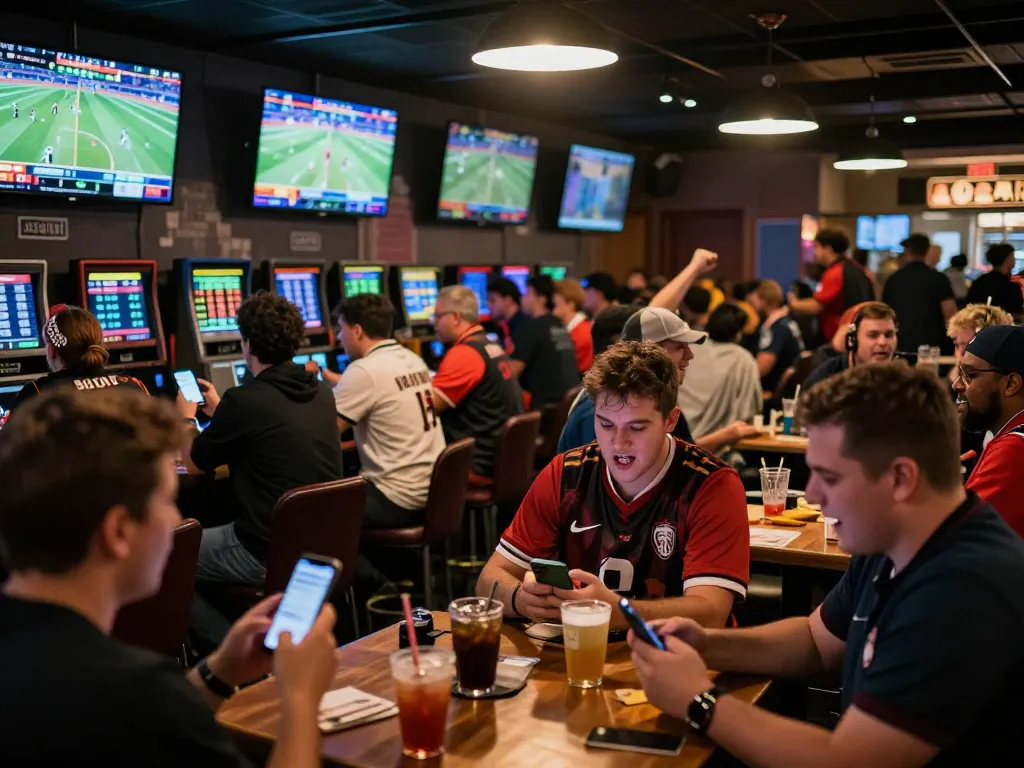 Fans at hitclub sports betting bar analyzing odds and cheering during live game events.