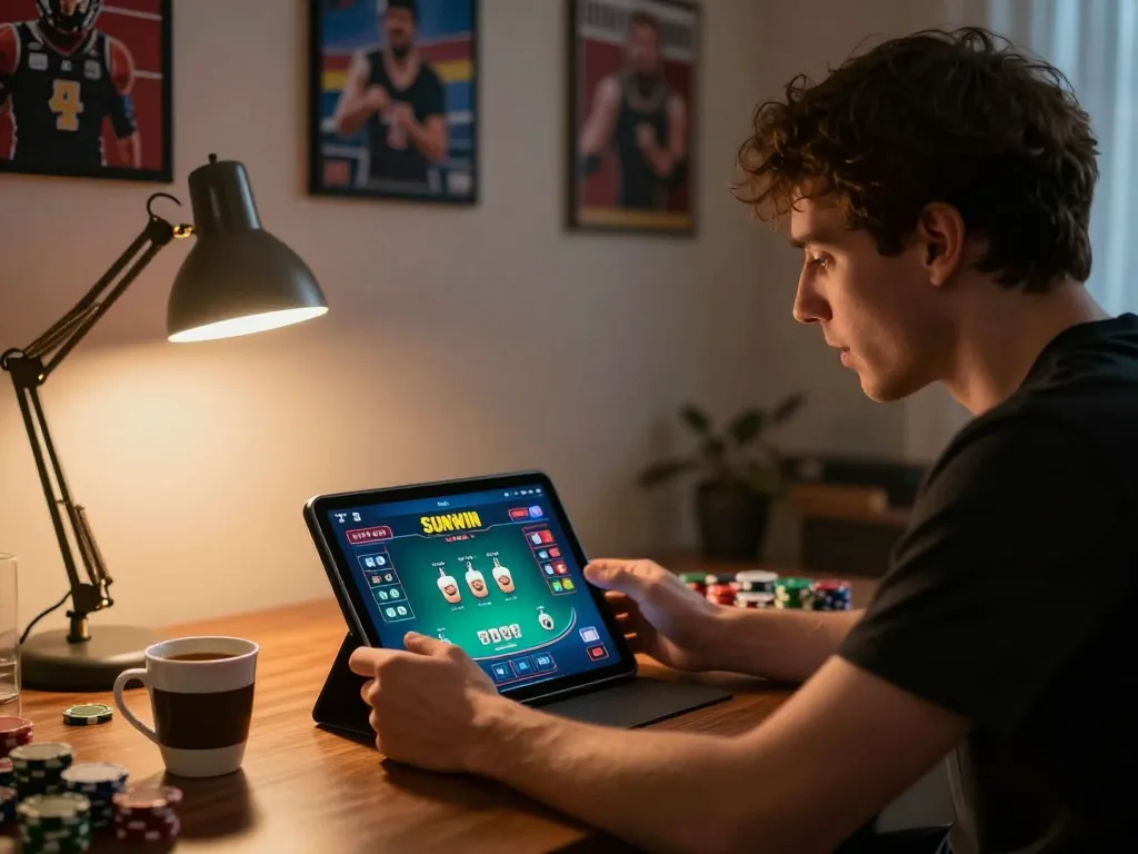 Sunwin player engaged in a thrilling poker game on a tablet, showcasing an exciting online gambling atmosphere.