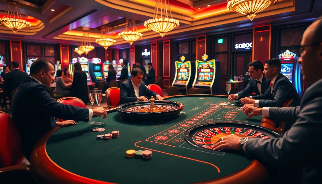 SODO66 Casino table featuring an intense poker game with vibrant slot machines and roulette wheels.
