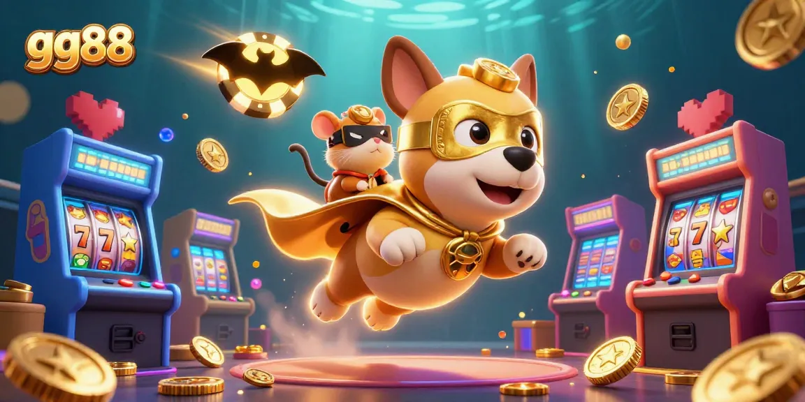Join the fun at gg88 with a superhero dog and hamster amidst vibrant casino games.
