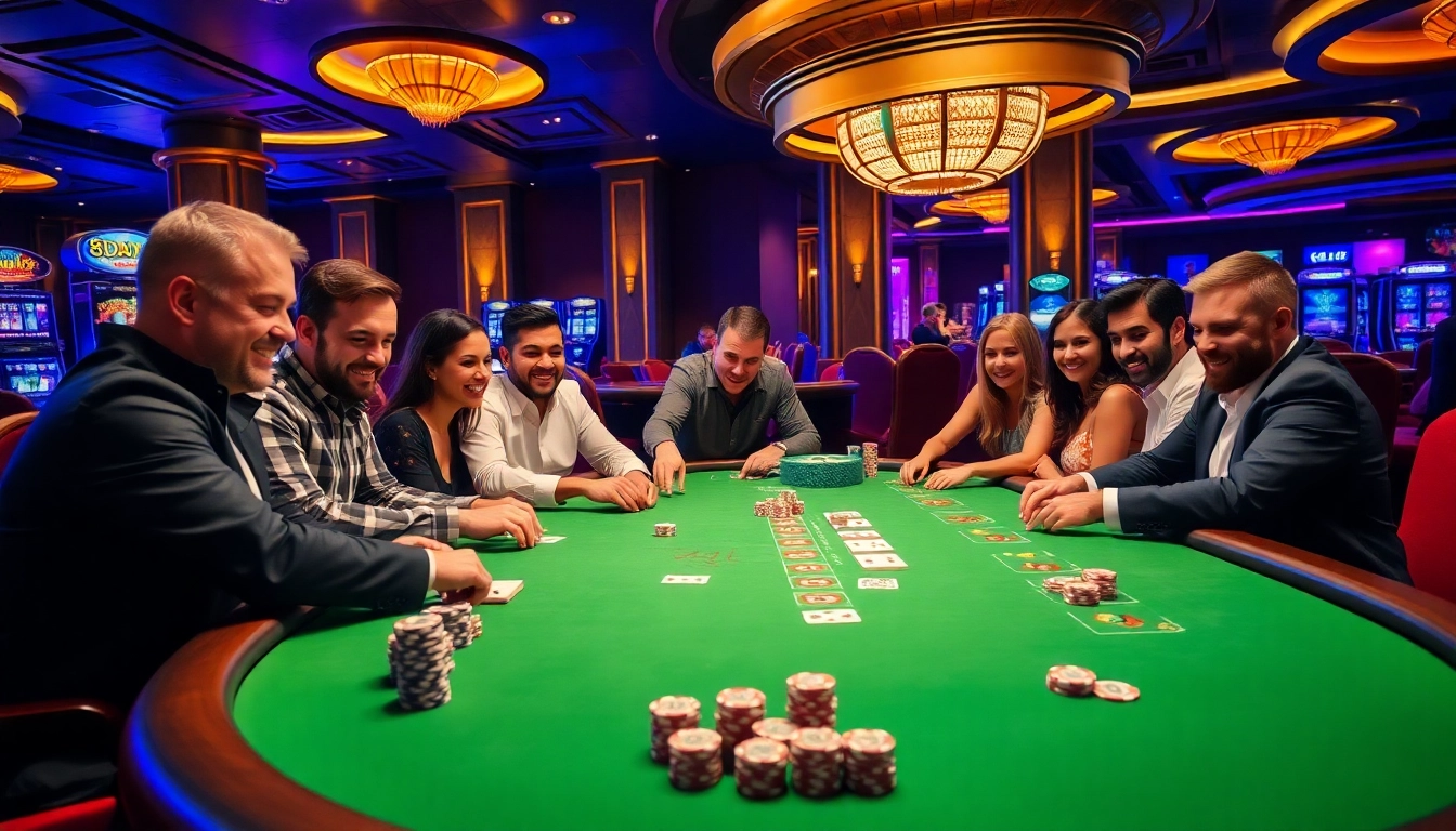 Players enjoy an exciting poker game at the luxurious 8DAY casino table, surrounded by vibrant colors.