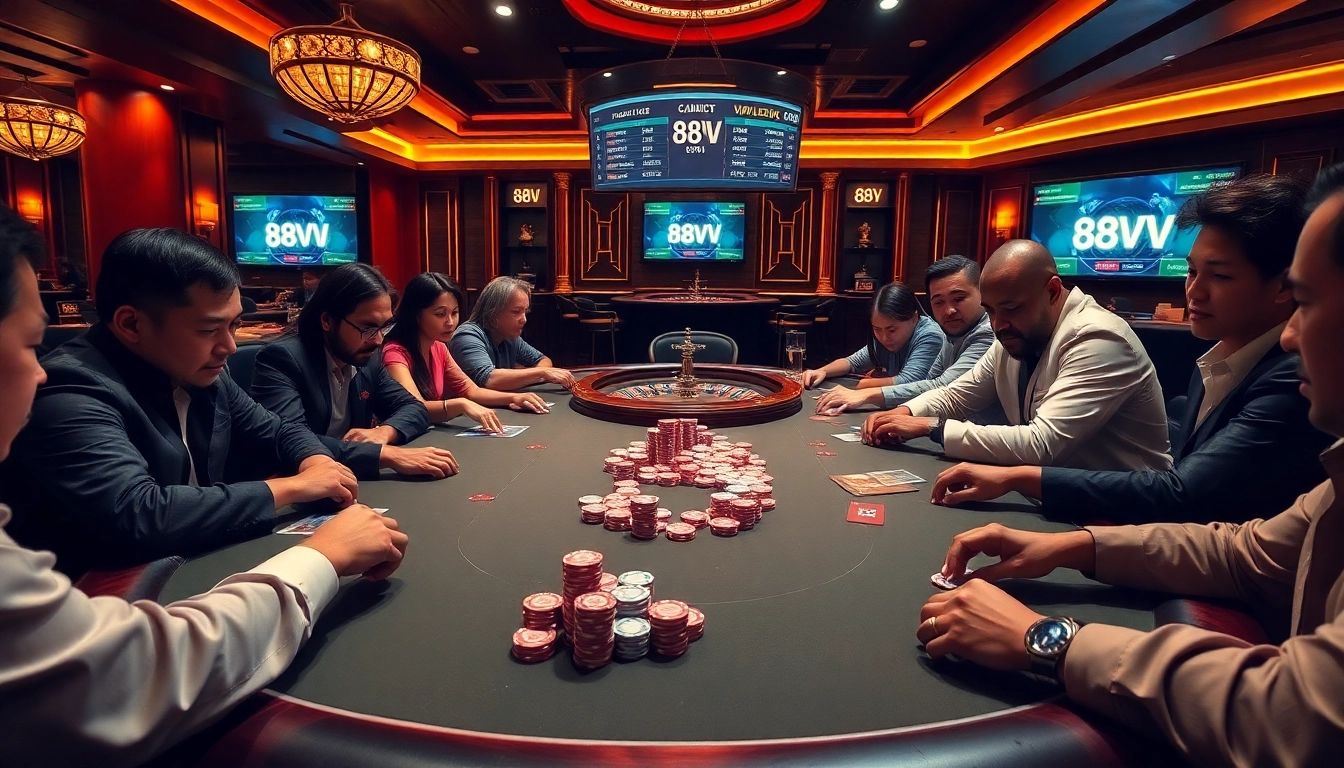 Engaging casino scene highlighting link 88vv with poker players and roulette wheel.