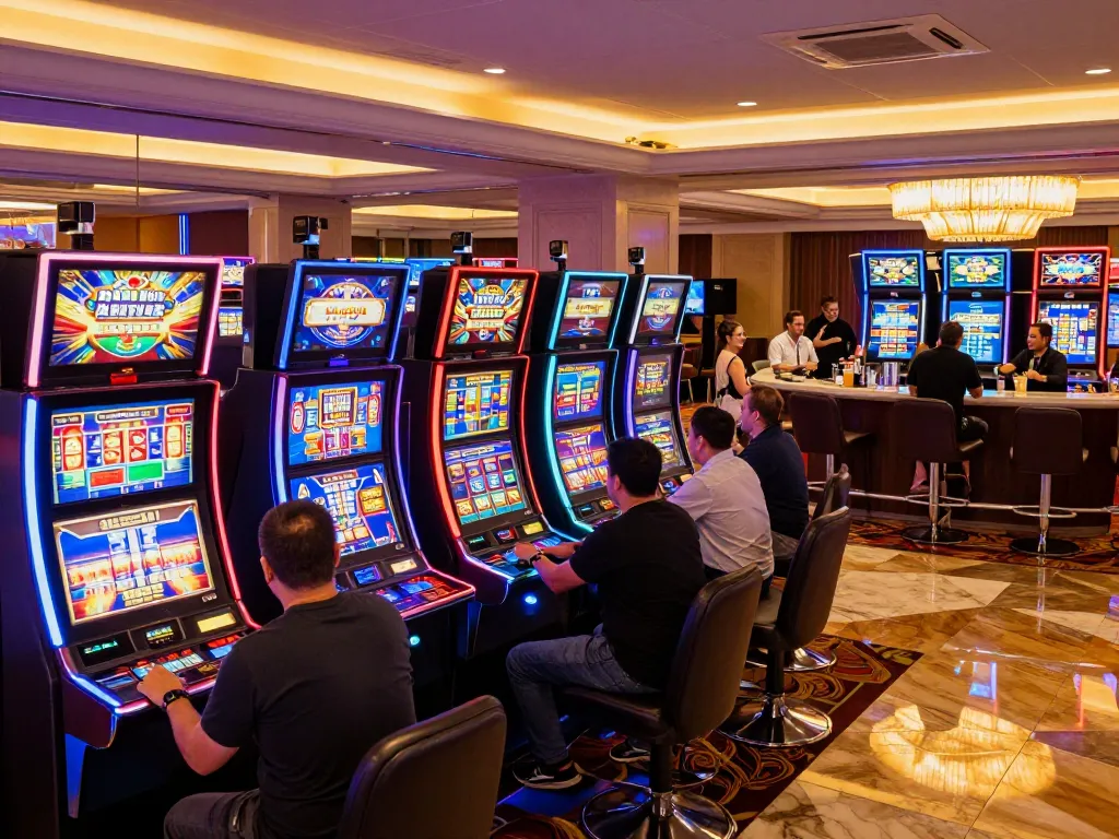 Players enjoying vibrant slot machines in a lively setting at tablepremierr casino.