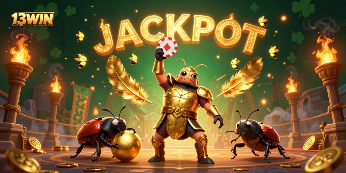 Experience the thrill of winning at 13WIN with a victorious beetle champion and jackpot celebration.