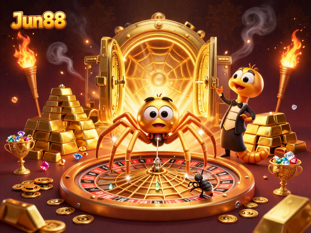Jun88's vibrant 3D casino scene with a spider, roulette web, and a centipede croupier spinning bets.