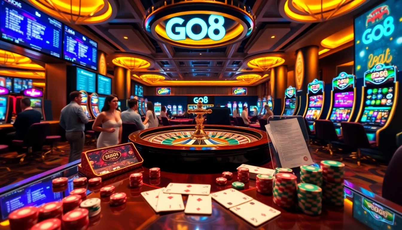 Experience excitement at Go8 casino with vibrant games, roulette, and poker interaction.