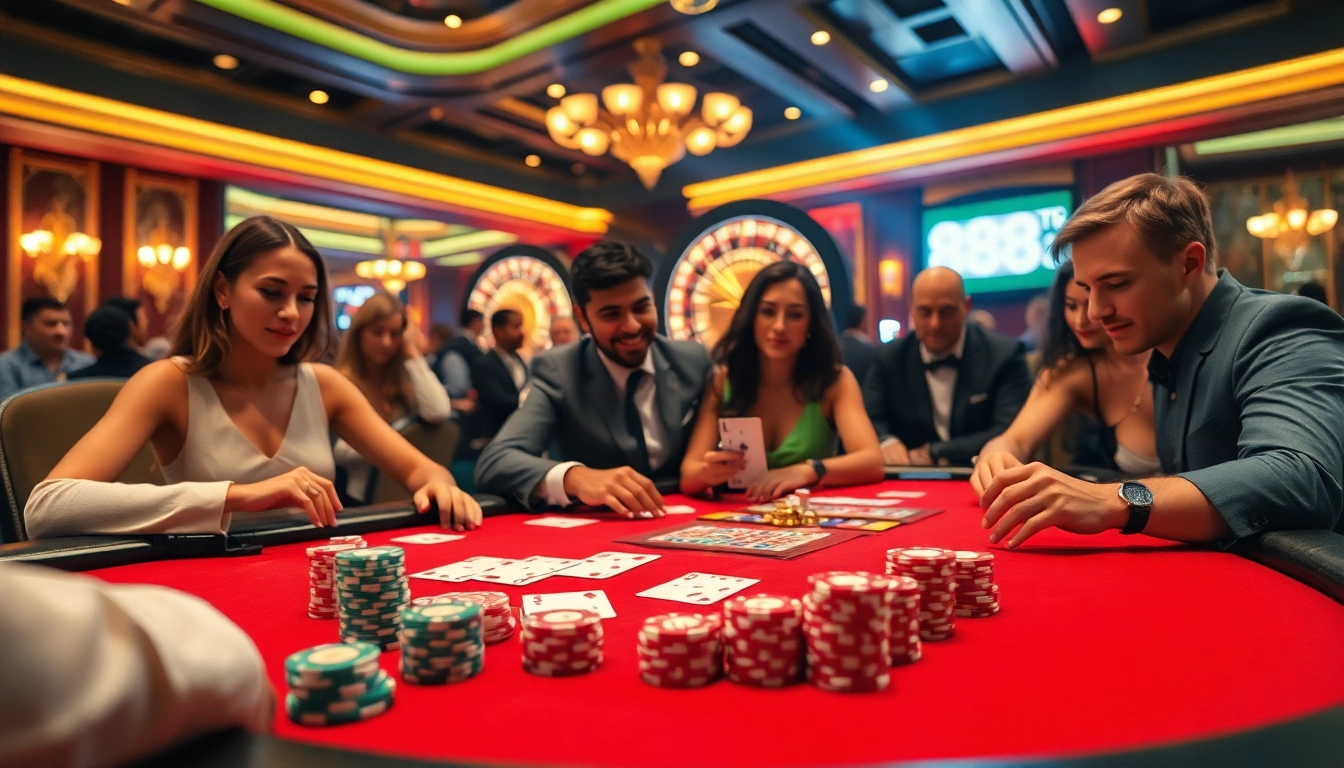 Exciting gaming action at a luxurious poker table setting showcasing 888b.