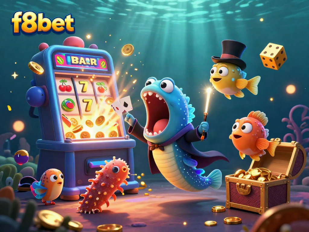Engage with f8bet's casino magic scene featuring an eel magician and vibrant slot machines.