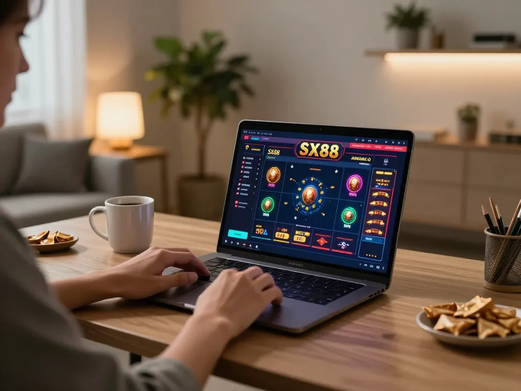 SX88 player engaging with online casino games on a modern laptop in a stylish home office