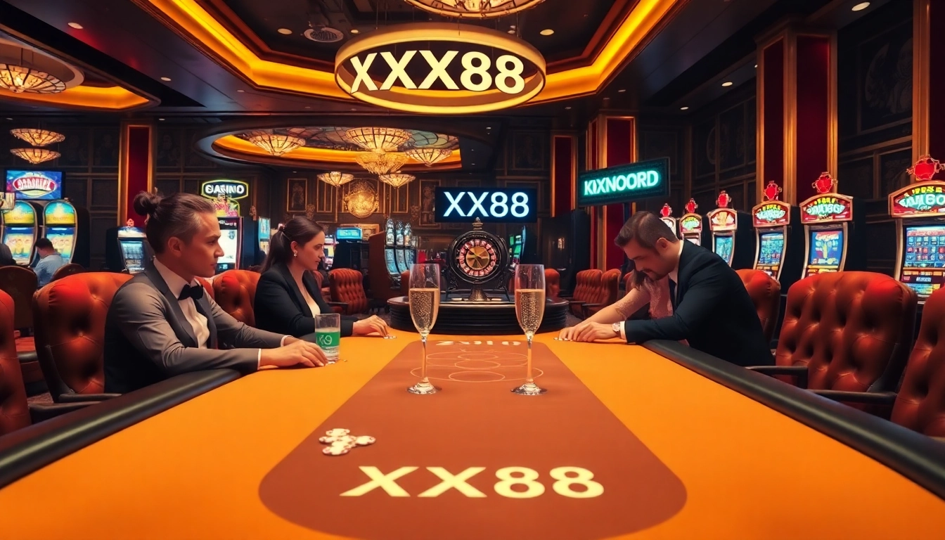 Intense poker game at XX88 casino with vibrant slot machines and elegant decor.