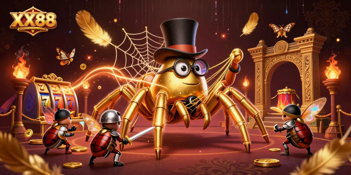 Engage with the thrilling universe of XX88, where our fierce beetle knight challenges the golden tarantula in a vibrant casino scene.