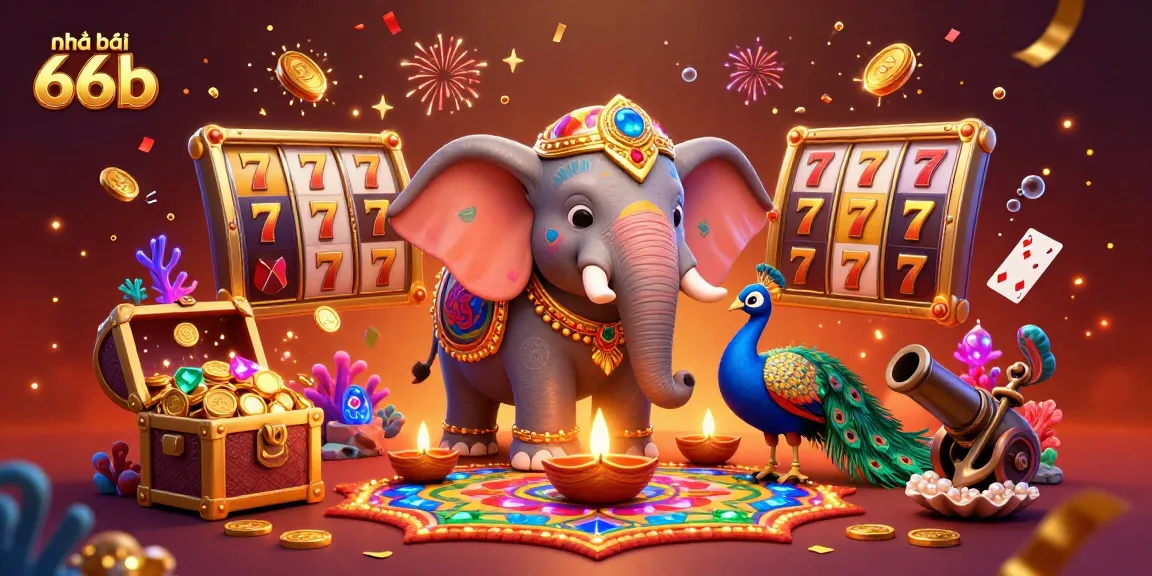 Join the action at Nhà cái 66b featuring thrilling slots and vibrant 3D elements in a captivating illustration.