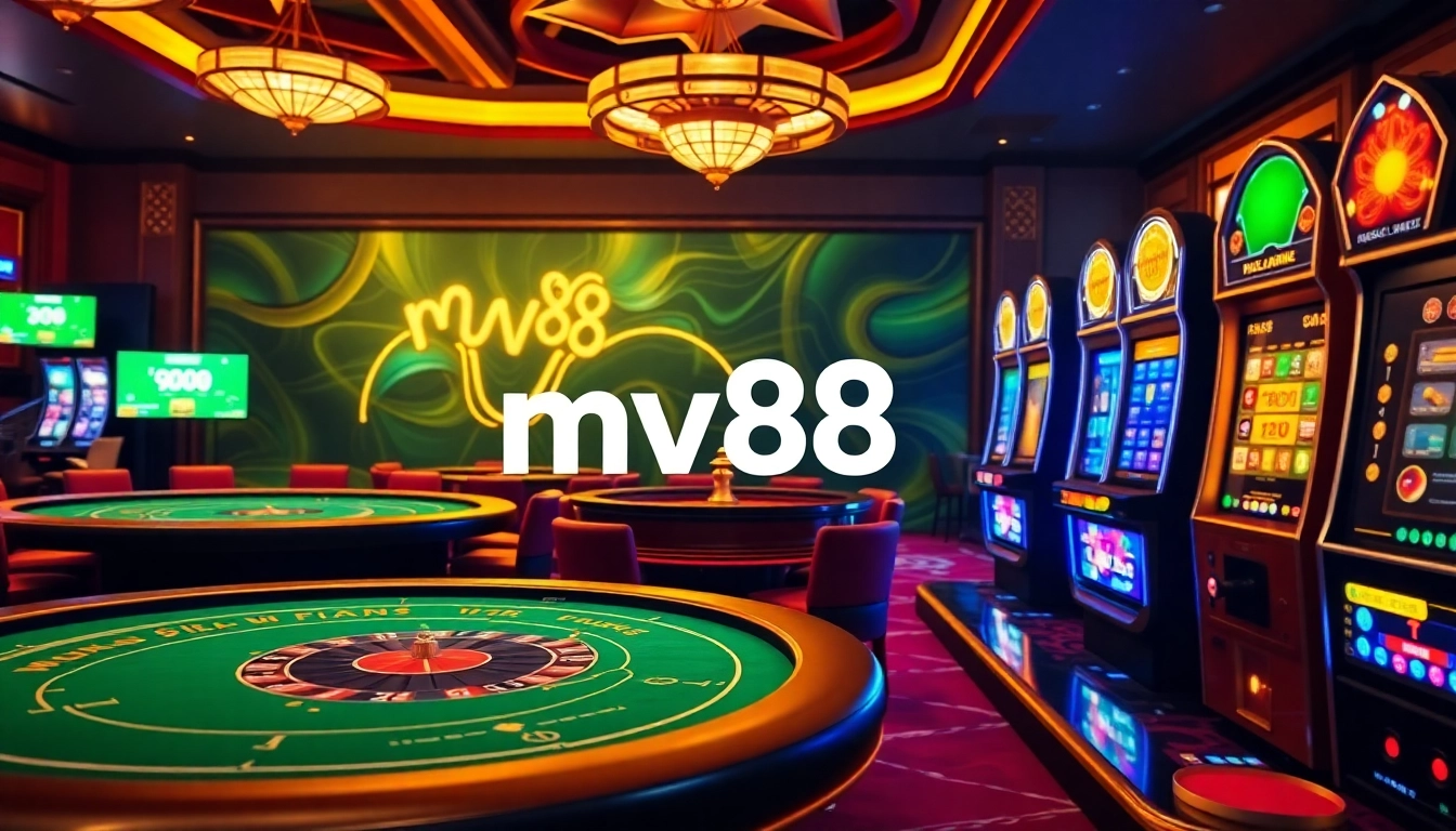 Experience the excitement of mv88 at a vibrant casino table with poker chips and cards.