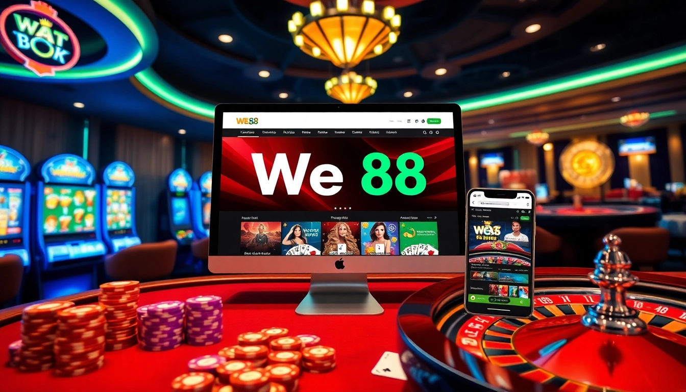 WE88 online casino interface featuring vibrant slot machines and poker tables, inviting players to engage.