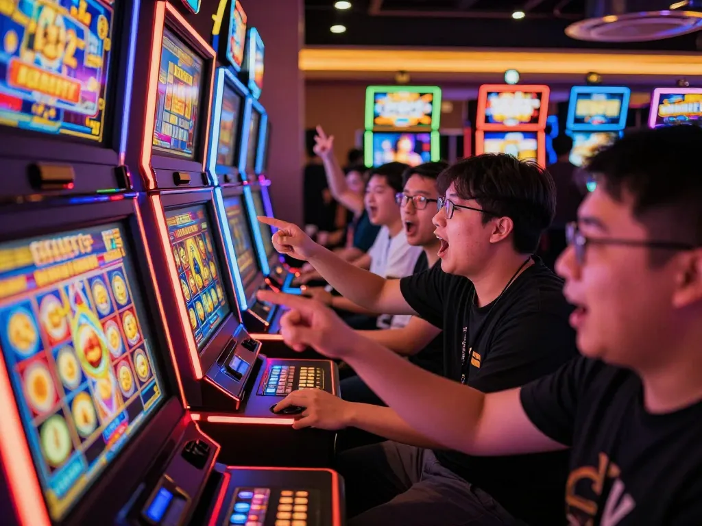 Players engage with exciting slot gacor machines, winning big in a vibrant casino atmosphere.