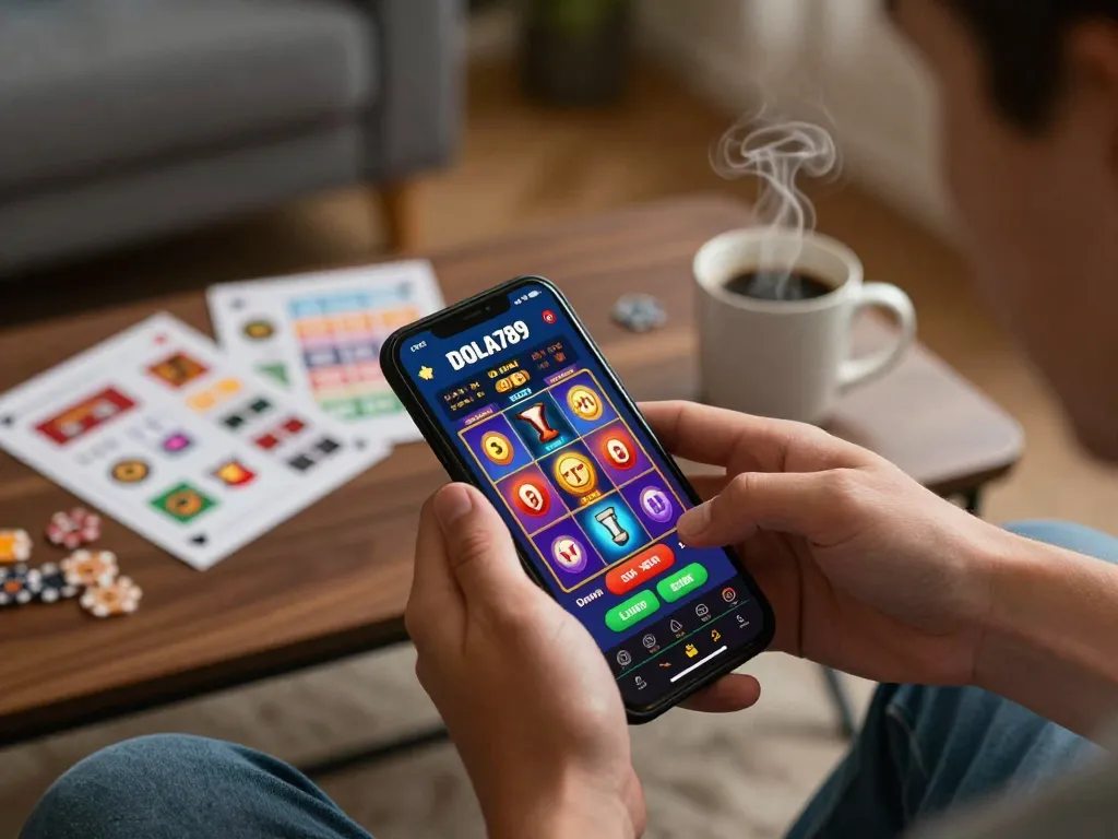 DOLA789 user engaging with mobile gaming app displaying vibrant casino interface in cozy living room.