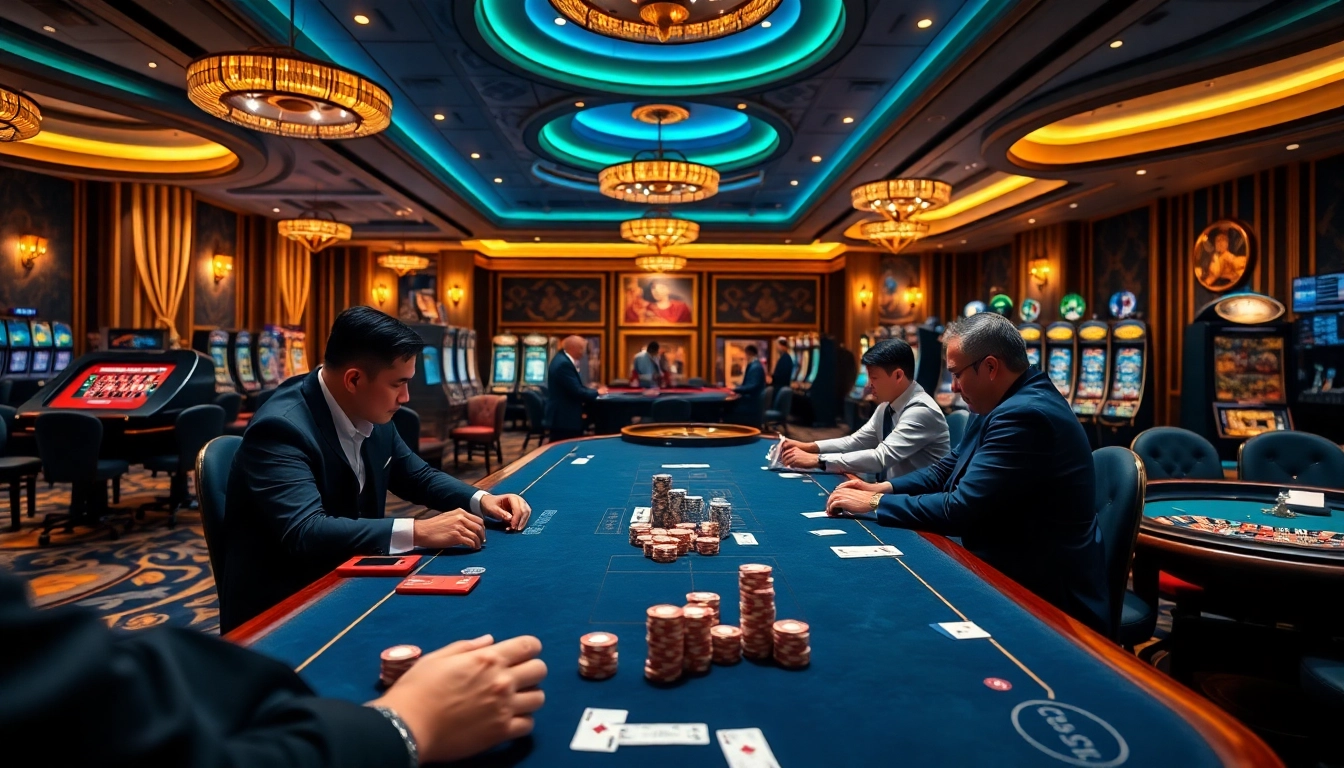 Gamblers enjoying games at Nhà cái BL555's luxurious casino setup with vibrant layouts and stunning decor.