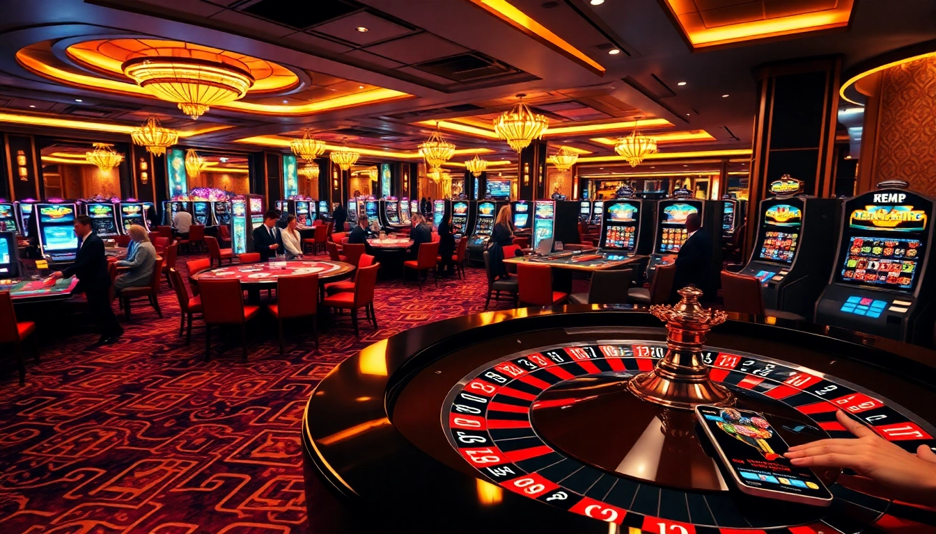 Engaging casino scene showcasing roulette and slot machines, highlighting the thrilling atmosphere of mv88.