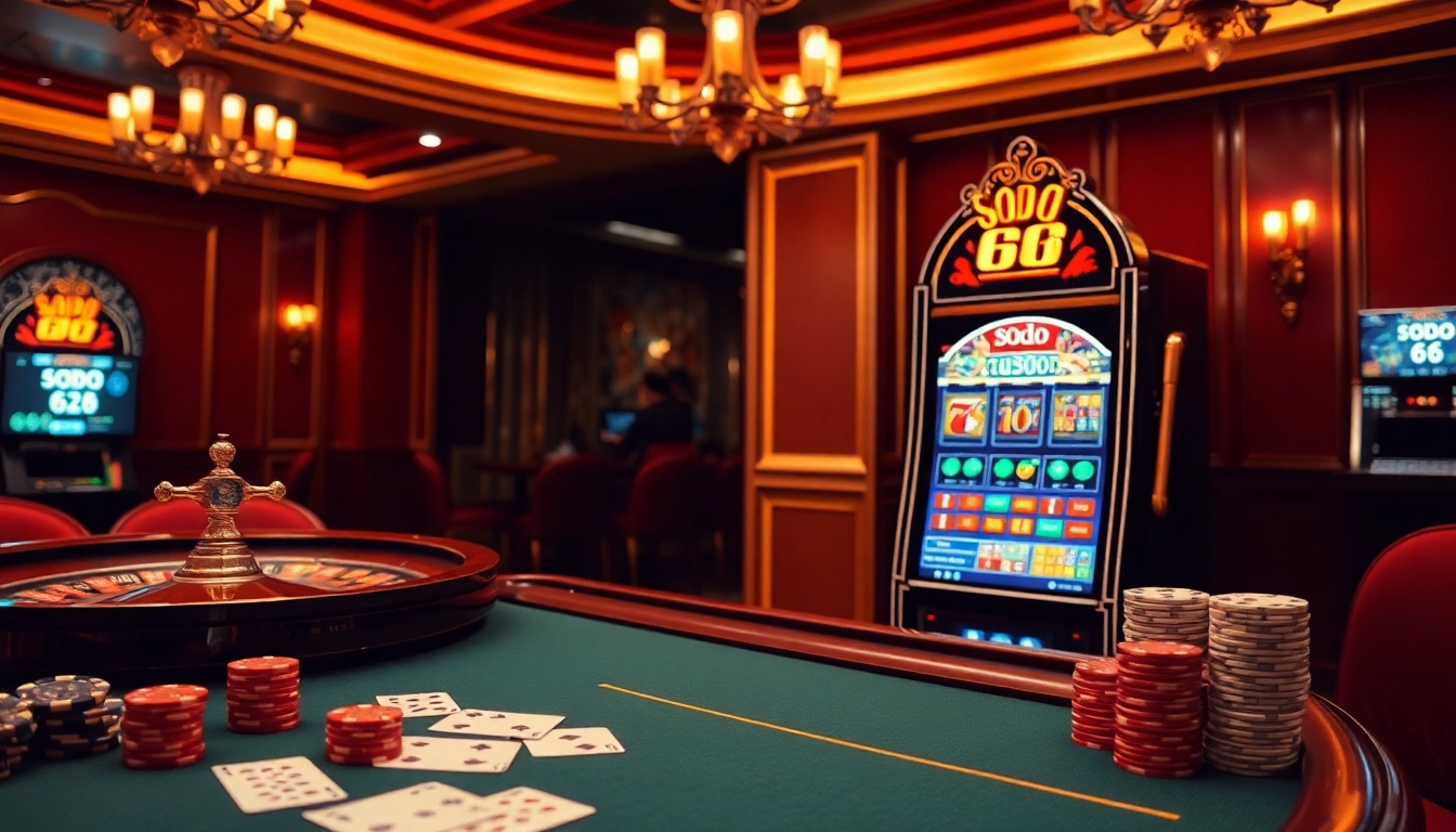 SODO66 casino scene with elegant gambling tables and vibrant slot machines showcasing luxury and excitement.