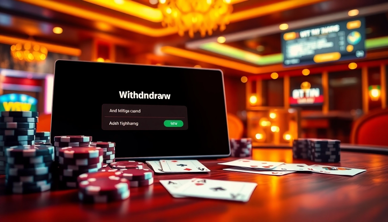 Rút tiền 69VN process illustrated with vibrant casino elements like poker chips and screens.