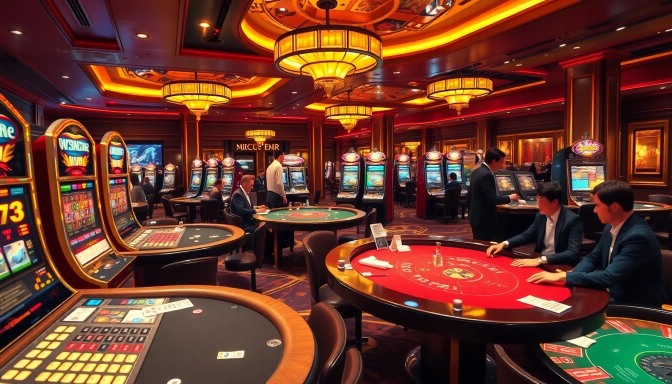 Experience thrilling gaming action at 11WIN's luxurious casino layout with vibrant slot machines and poker tables.