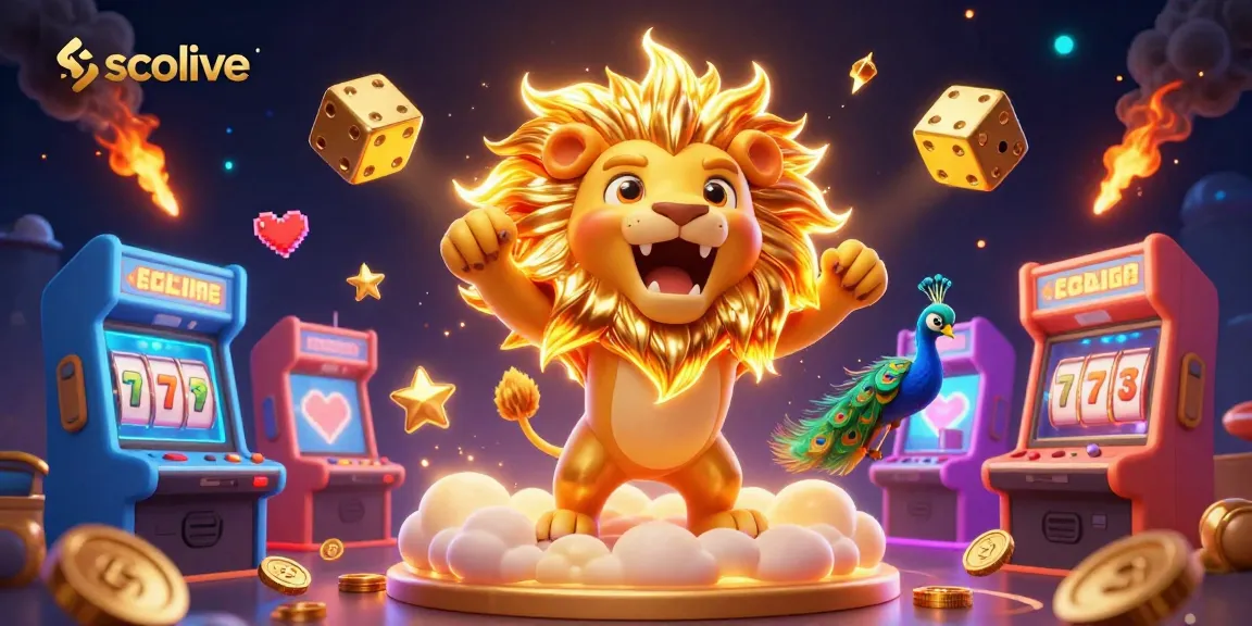 Socolive's captivating action scene features a roaring lion amidst casino elements like dice and slot machines.